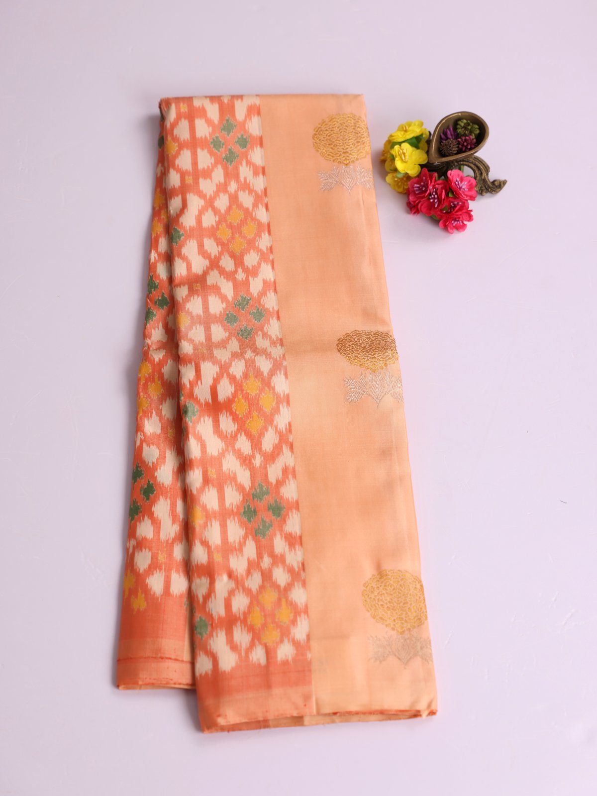 Peach Kanjeevaram Ikat Silk Saree