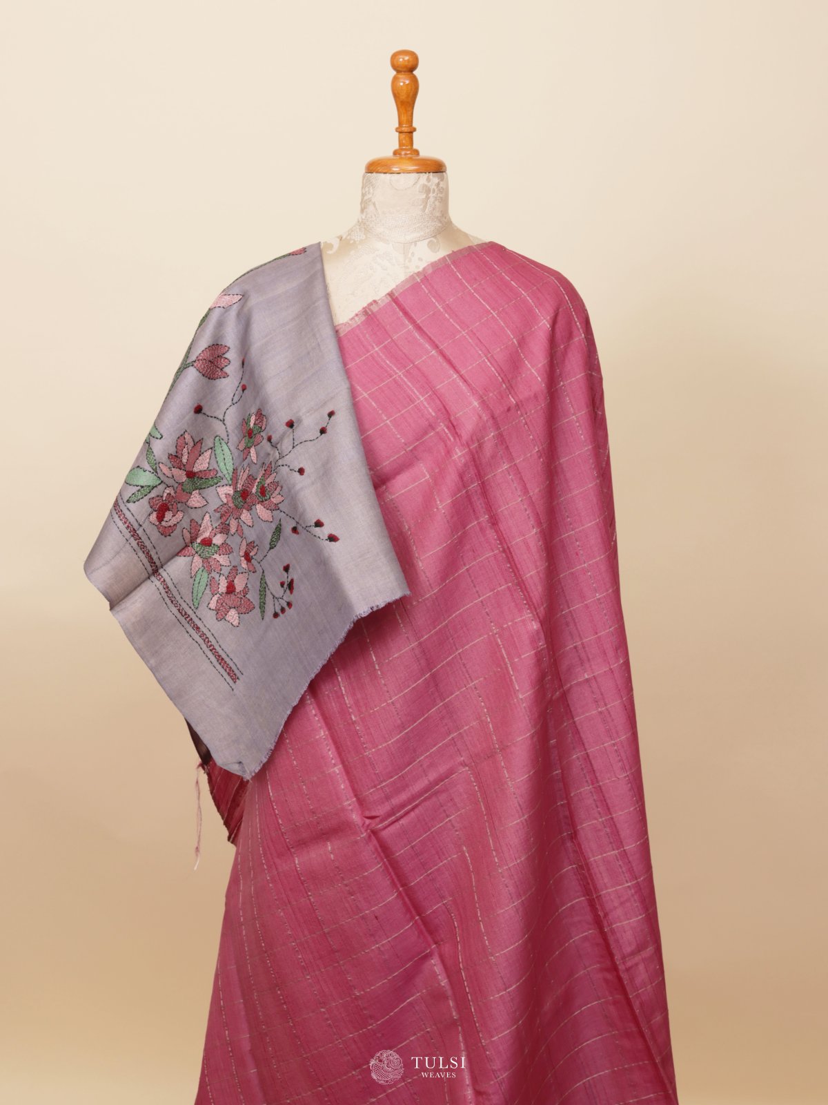 Pink Tussar Silk Saree with Kantha Embroidery
