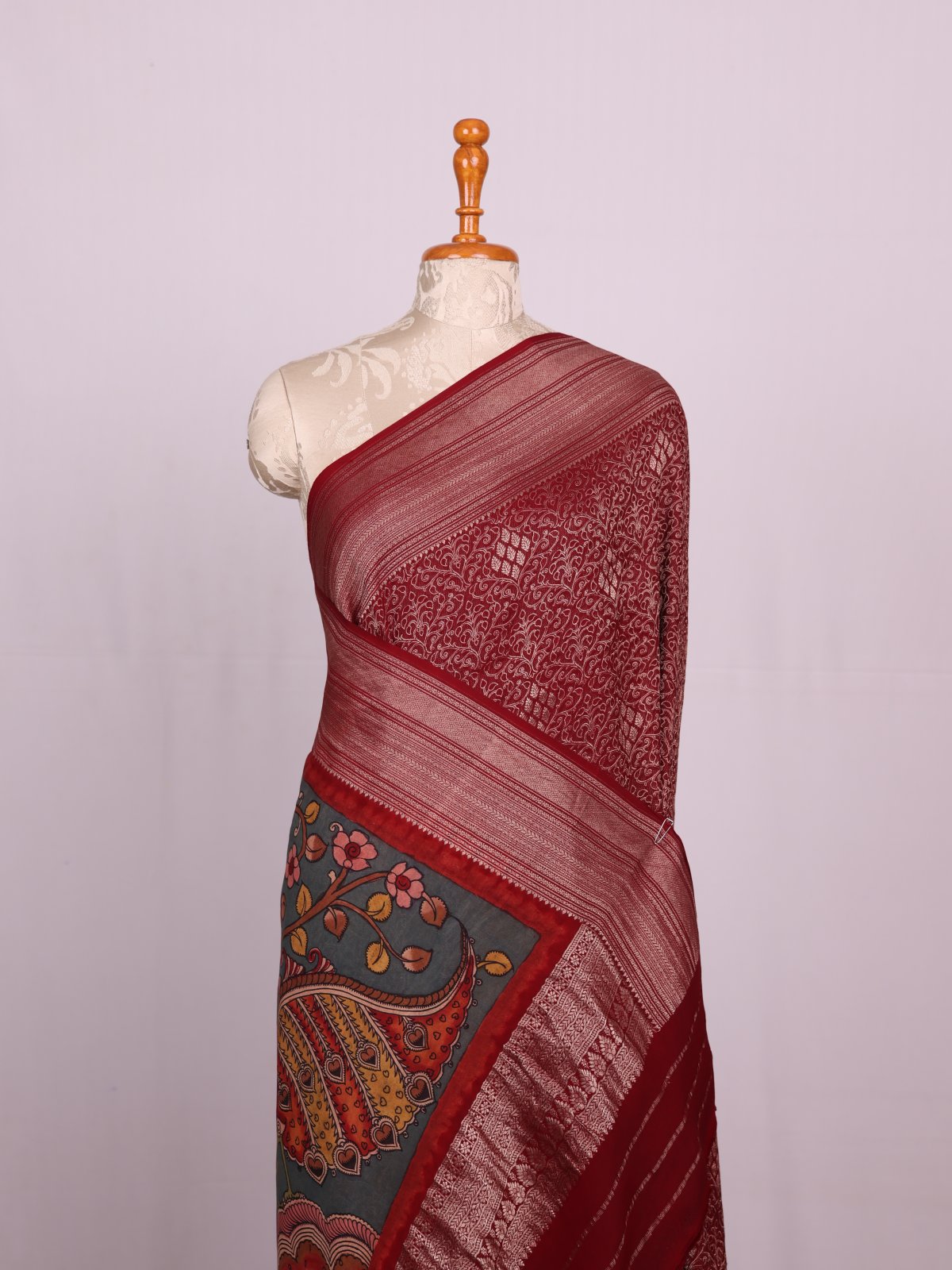 Maroon Mysore Crepe Silk Saree With Kalamkari Pallu