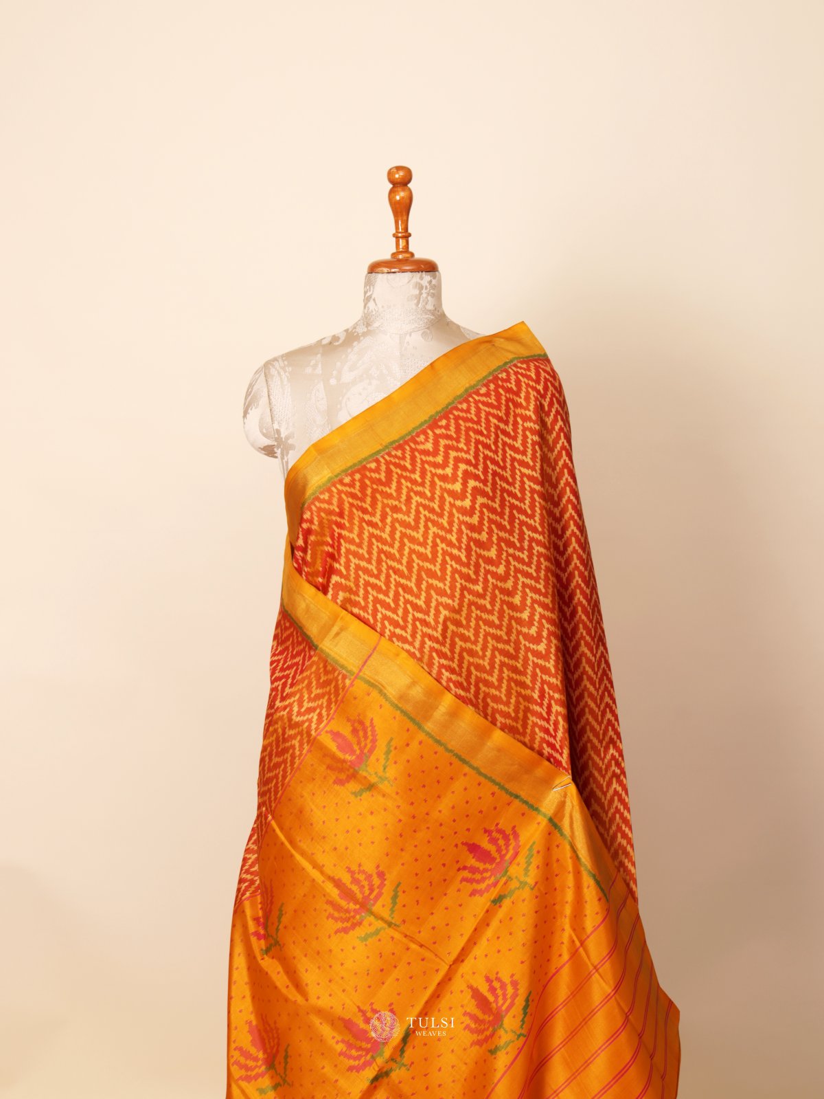 Orange Patola Silk Saree With Mustard Light Orange Border