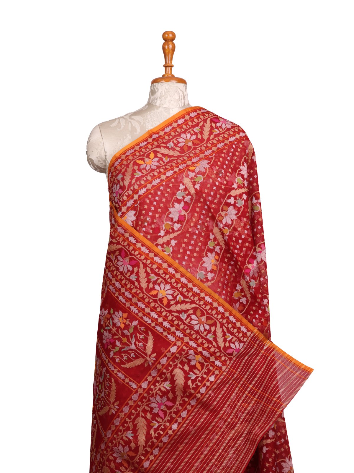 Red Kora Jamdani Silk Saree