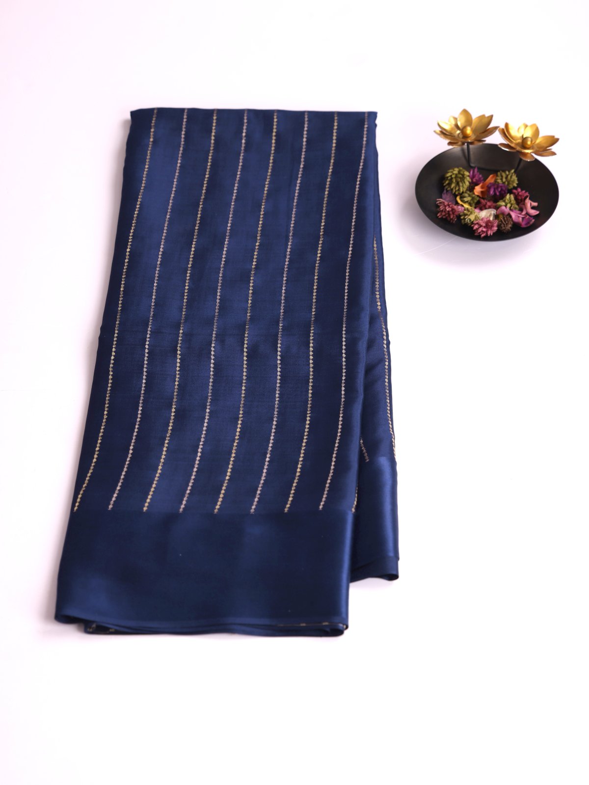 Navy Blue Zari Striped Mysore Silk Saree With Satin Border