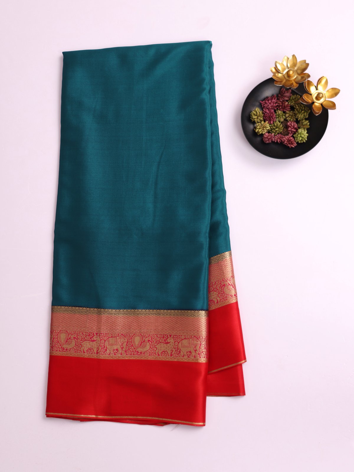 Peacock Blue Mysore Silk Saree With Red Zari Border