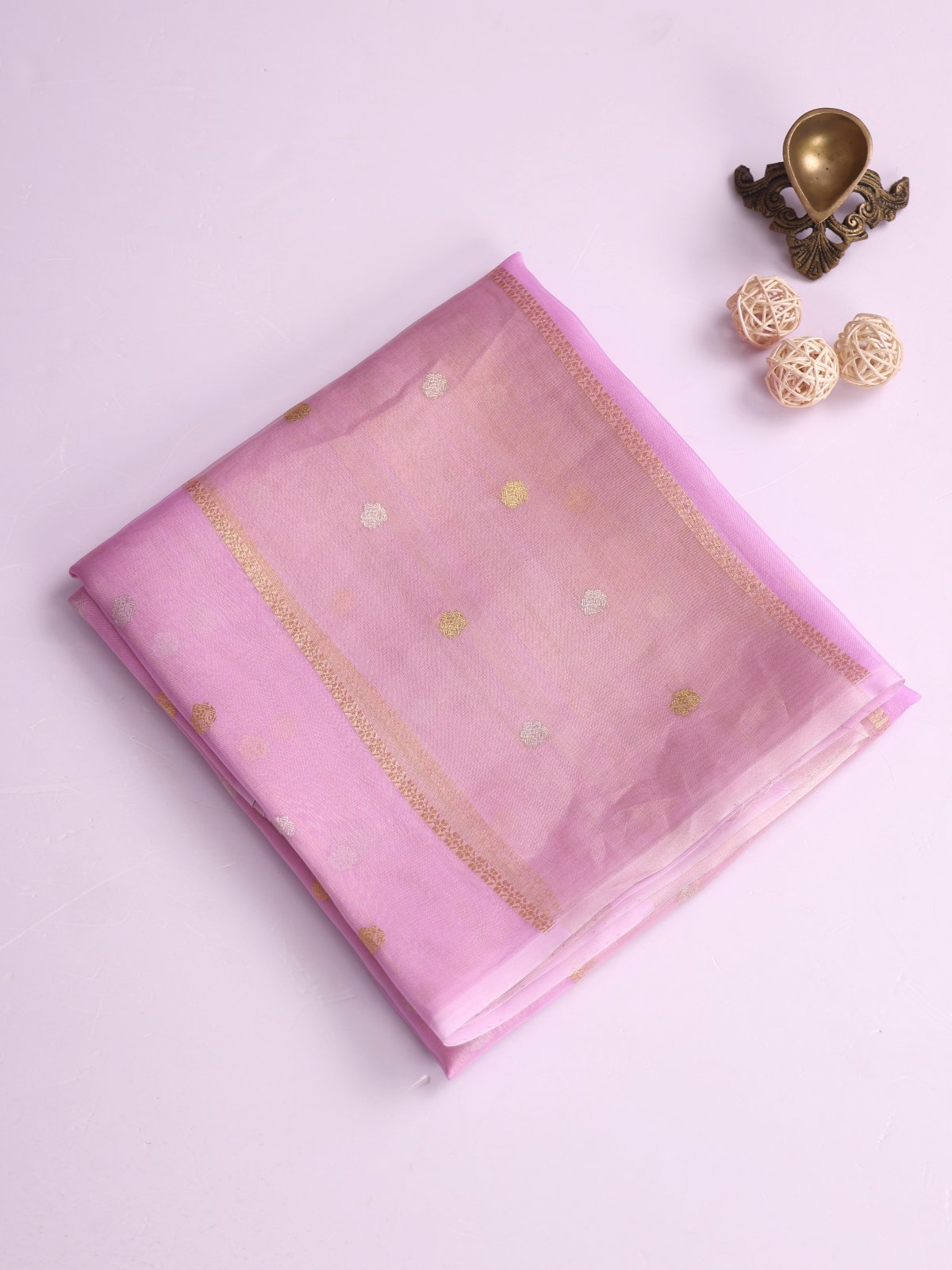 Light Lavender Pink Zari Striped Tissue Organza Silk Saree
