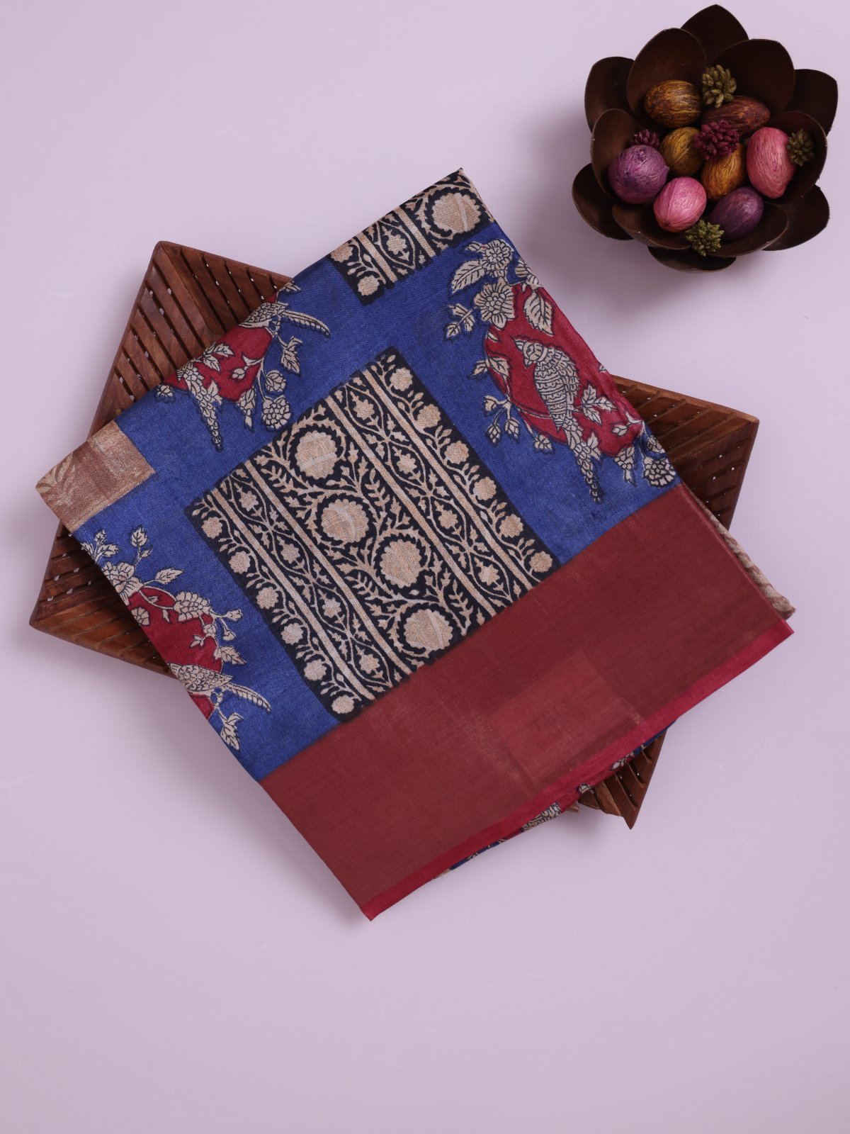 Blue Printed Tussar Silk Saree