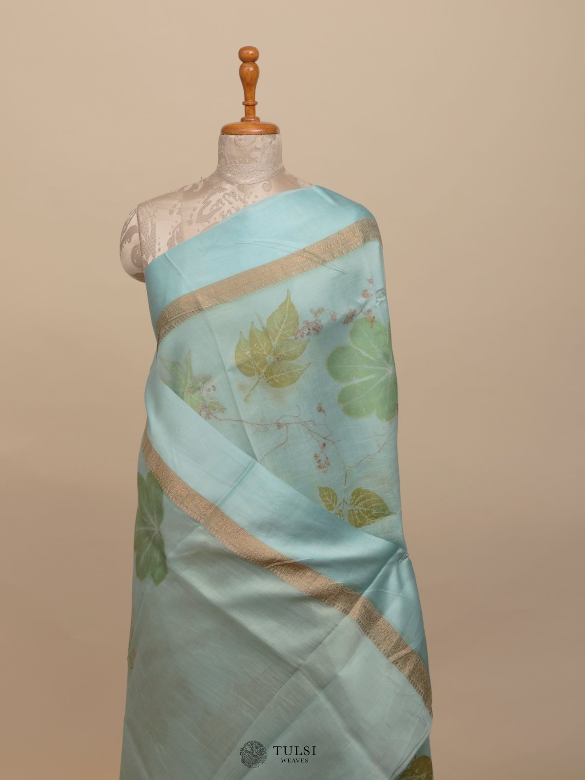 Light Blue Eco Print Silk Saree With Satin Border