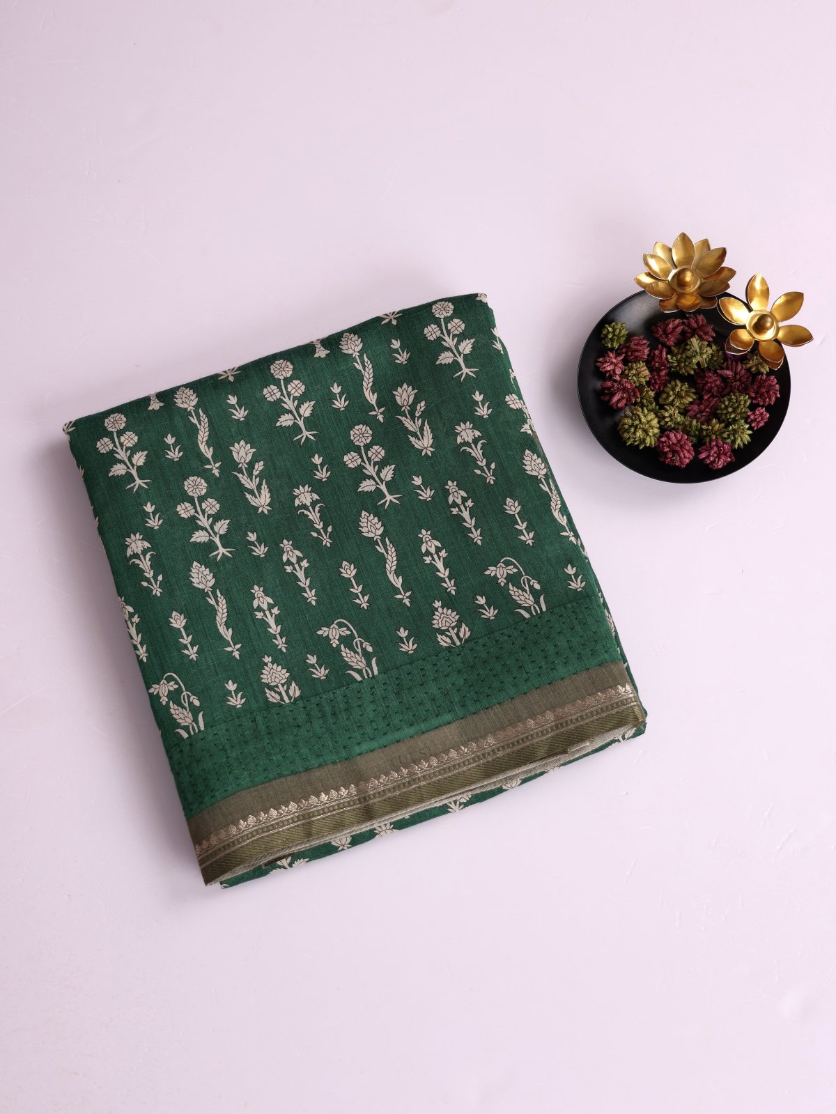 Dark Green Printed Munga Tussar Silk Saree With Kantha Embroidery
