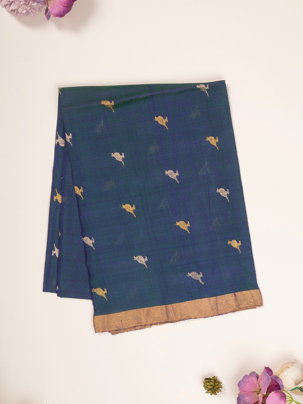 Blue-Green Chanderi Silk Blouse With Gold and Silver Zari Bird Motifs