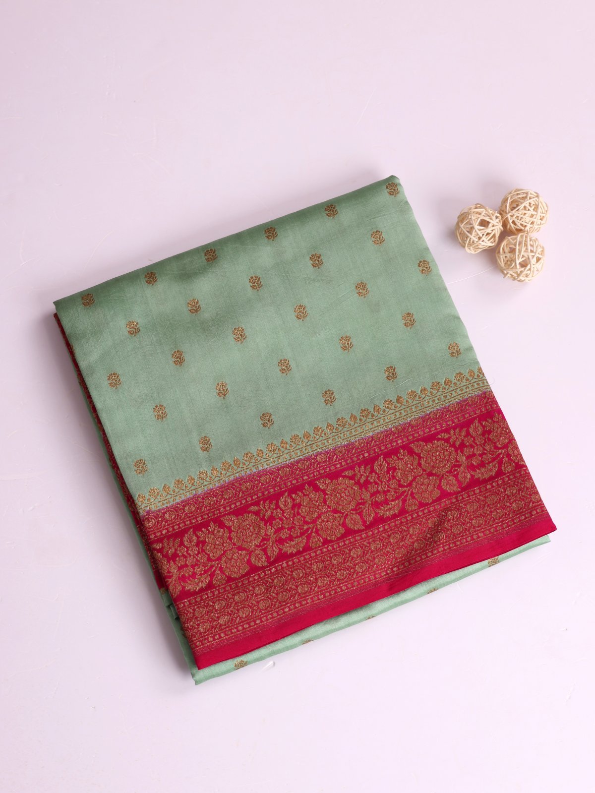 Bluish Green Chaniya Silk Saree With Dark Pink Border