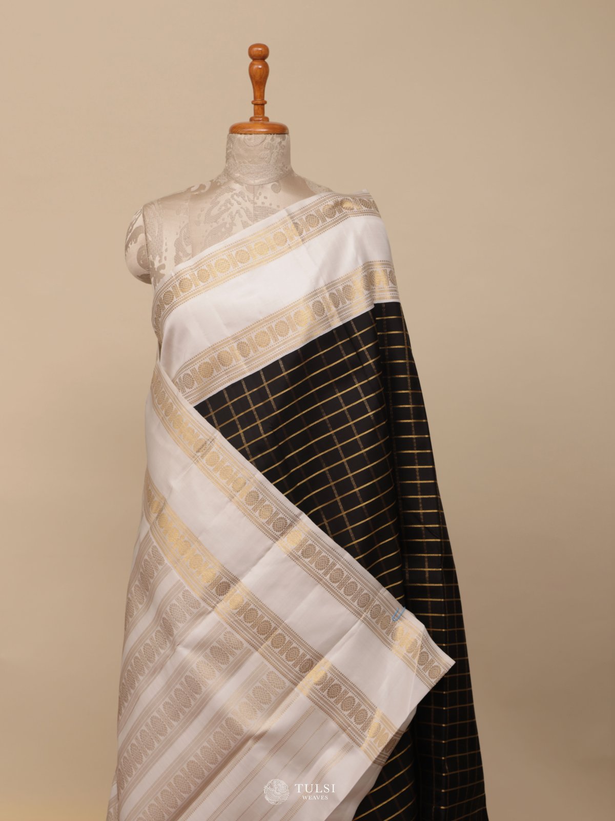 Black Checked Kanjeevaram Silk Saree With White Border