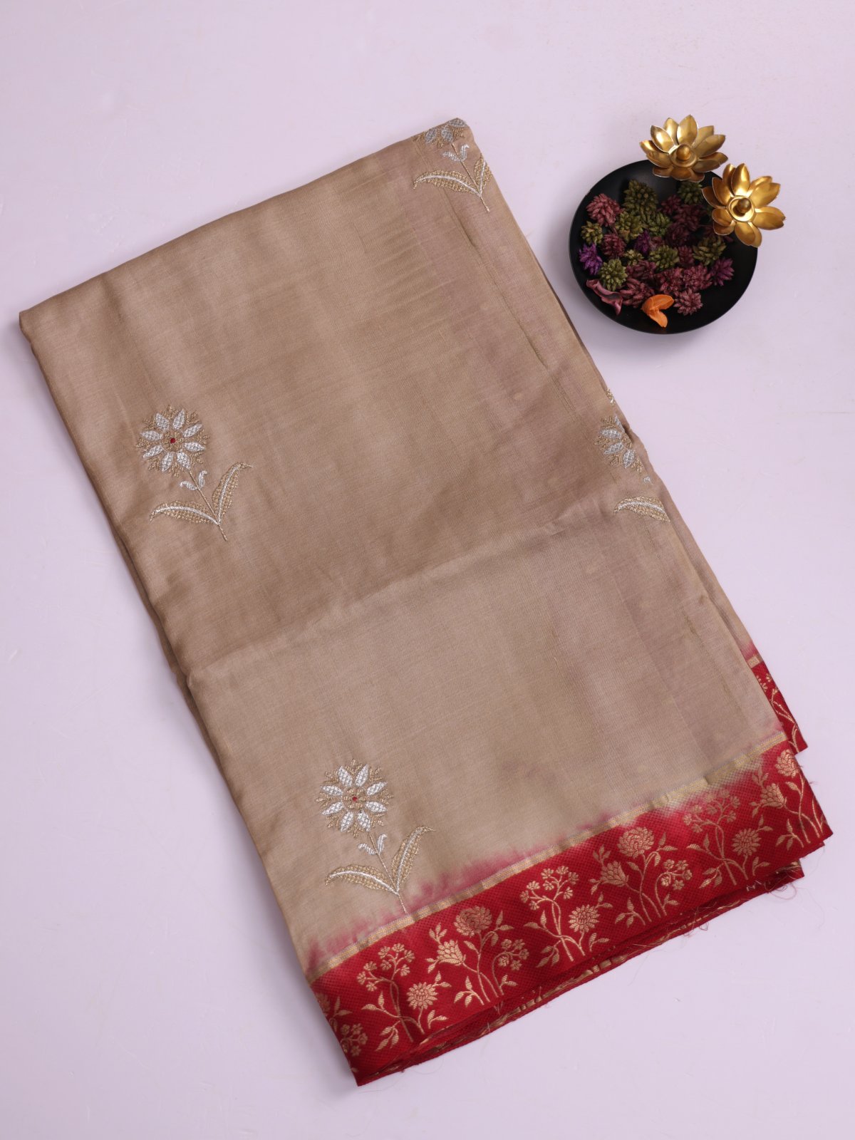 Beige Tussar Silk Saree With Red Border