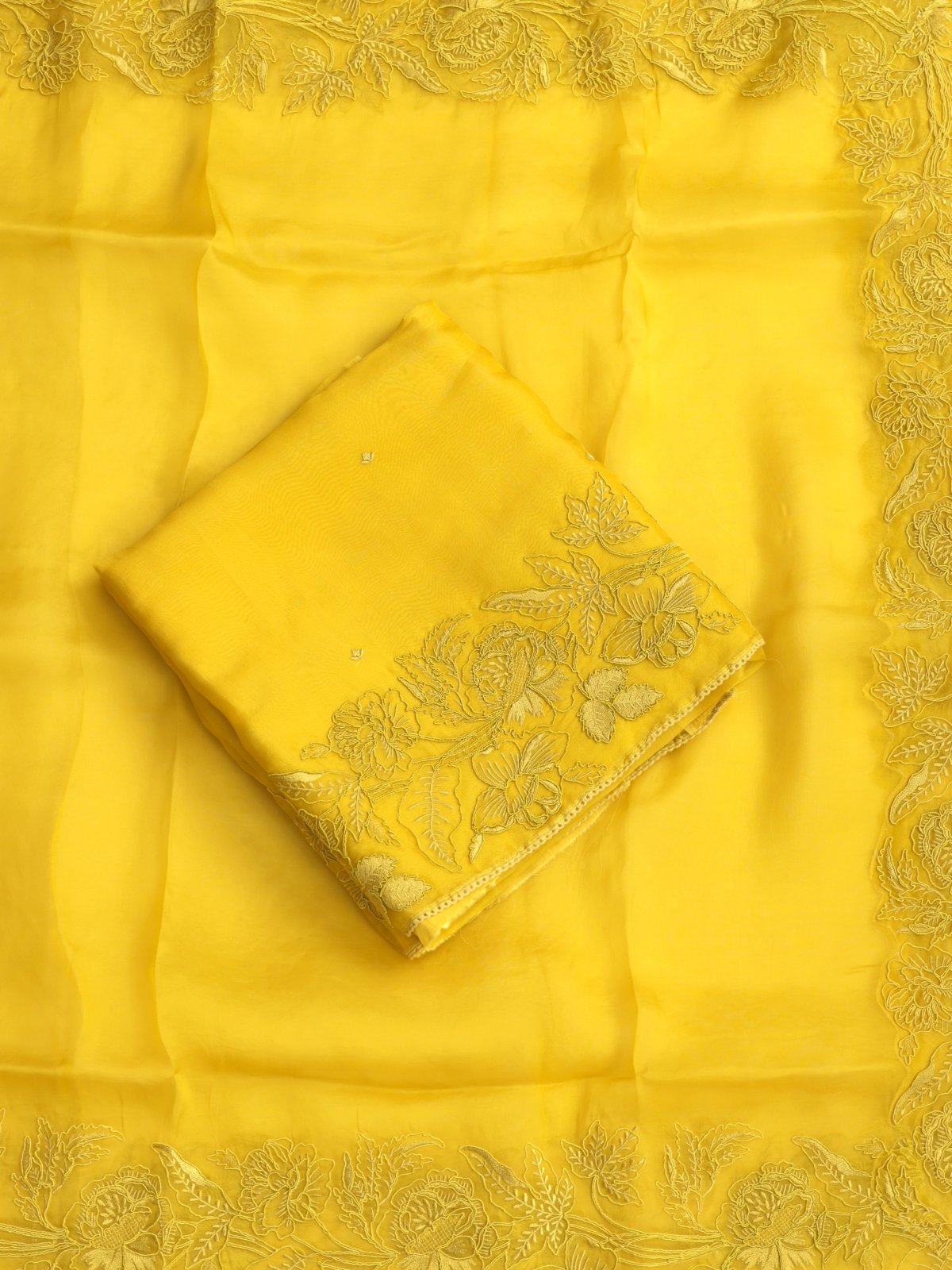 Yellow Embroidered Organza Salwar Material
