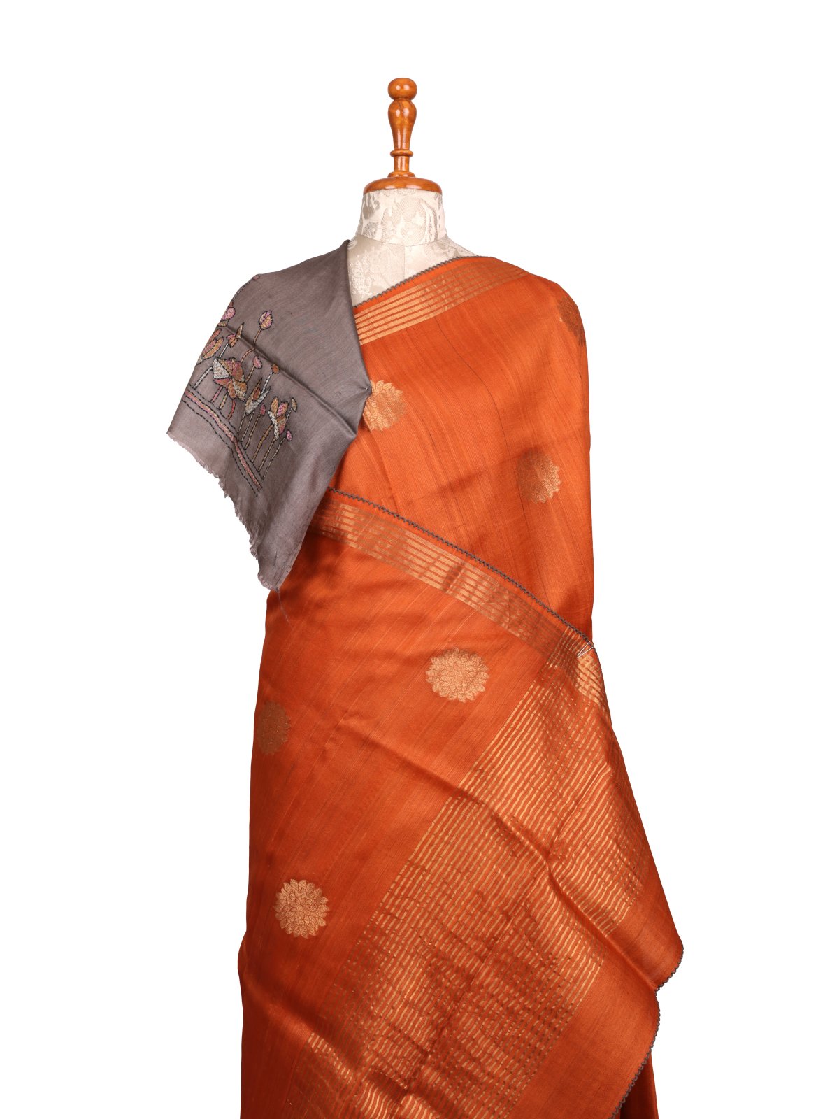 Orange Tussar Silk Saree With Kantha Embroidery 