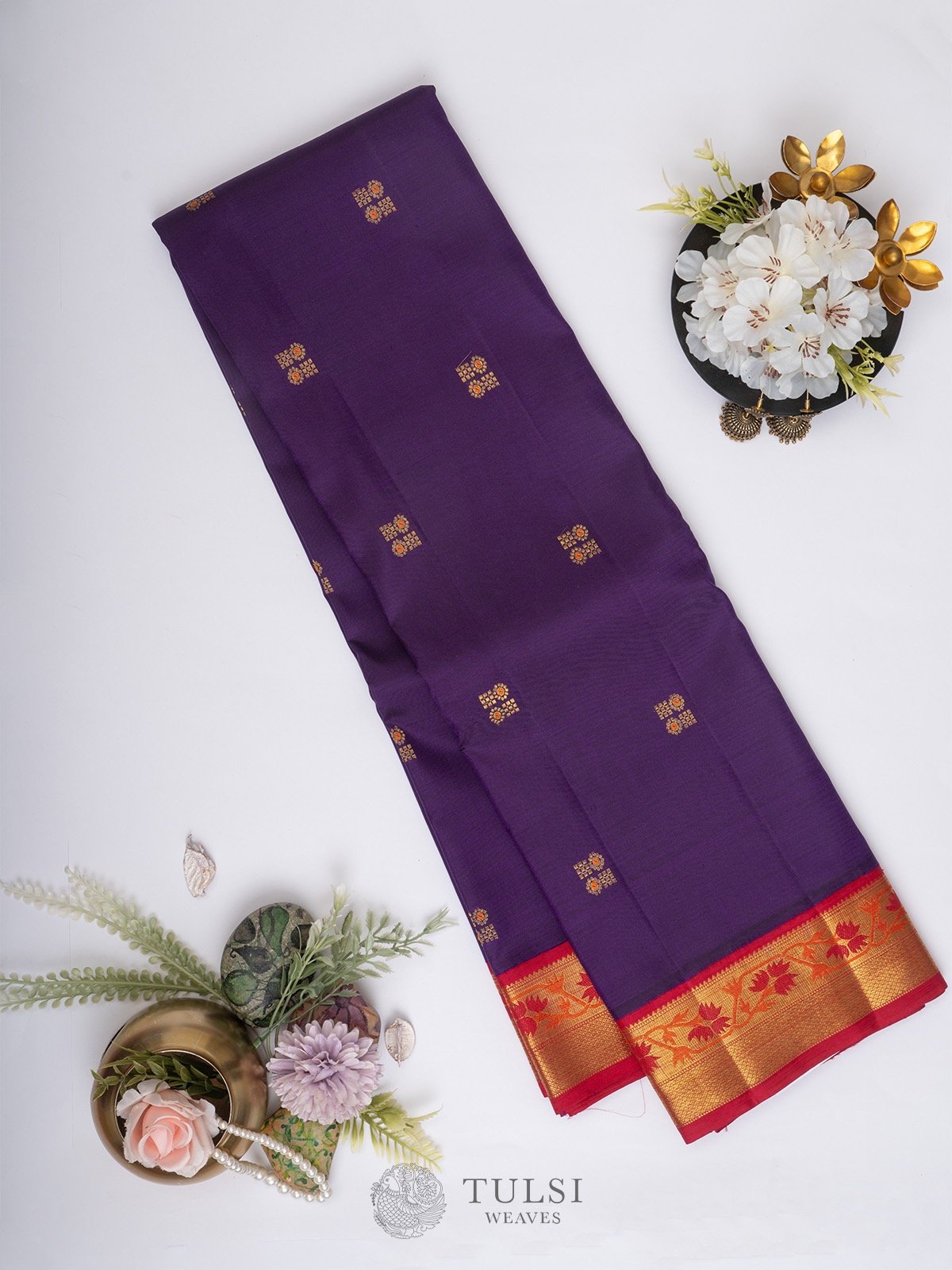 Purple Kanchipuram Silk Saree with Red Border