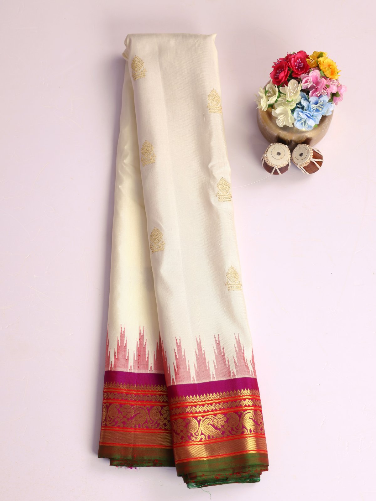 Off-White Gadwal Silk Saree With Magenta Border