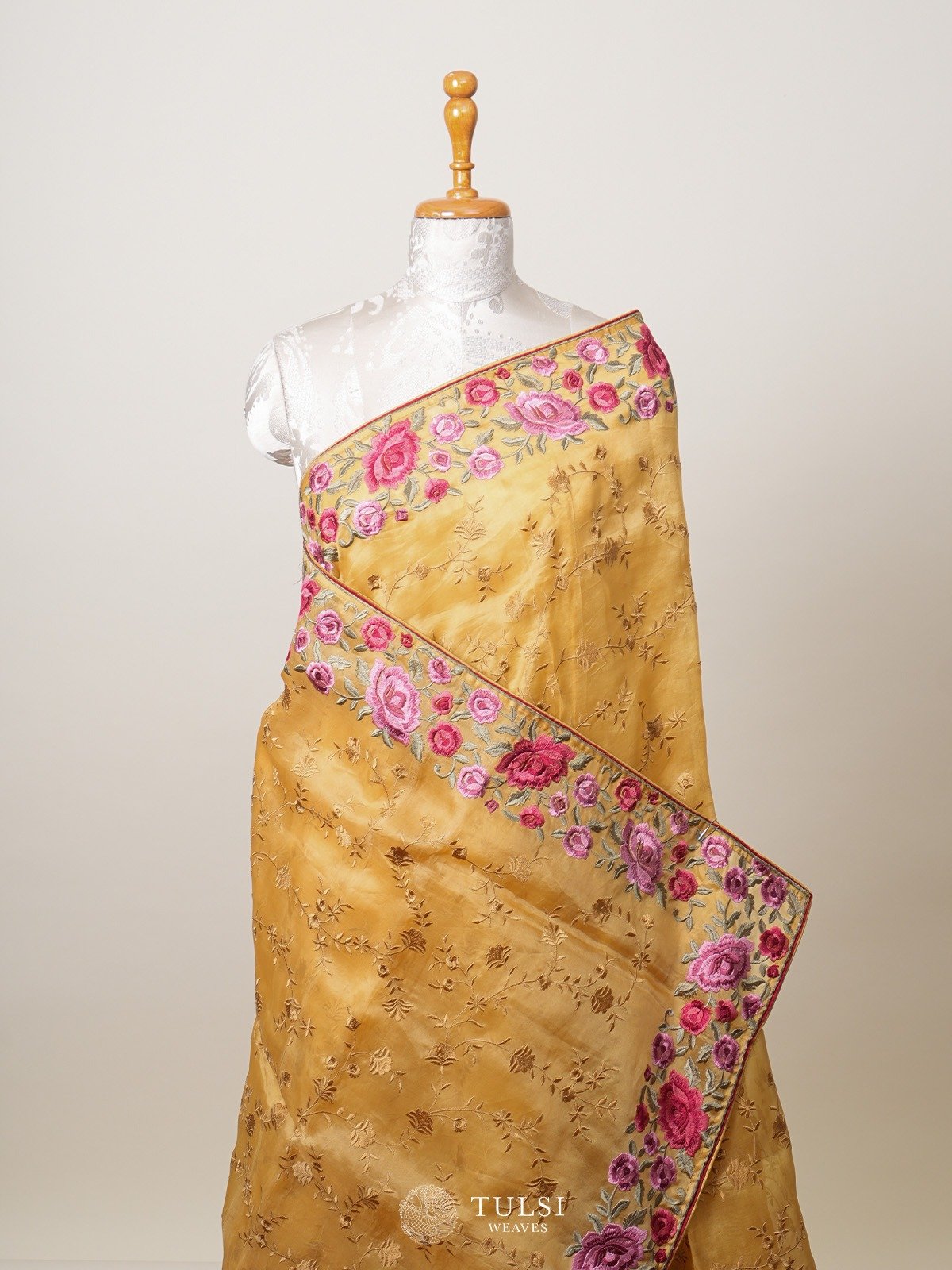 Mustard Organza Embroidery Saree