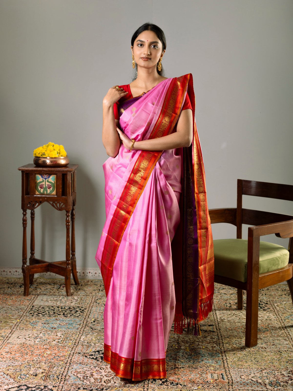 Light Pink Kanjeevaram Silk Saree with Ganga Jamuna Border 