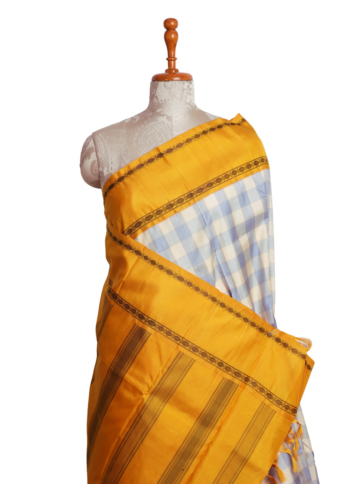 Light Blue & Cream Checked Kanjeevaram Silk Saree with Golden Yellow Border