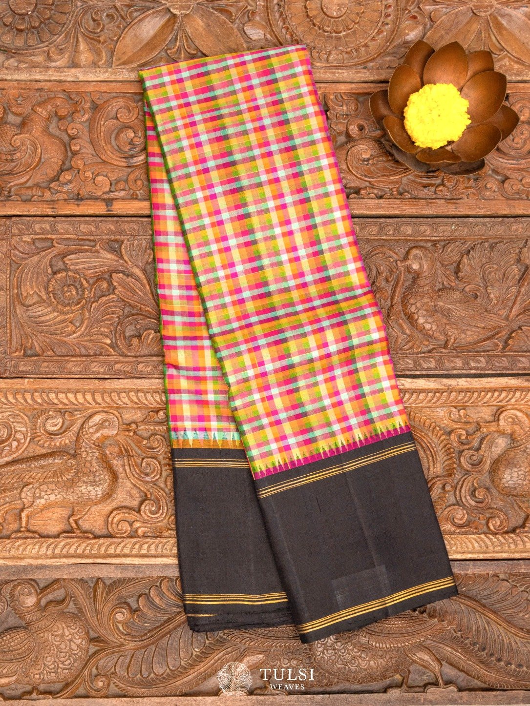 Multi Color Checked Kanjeevaram Silk Saree