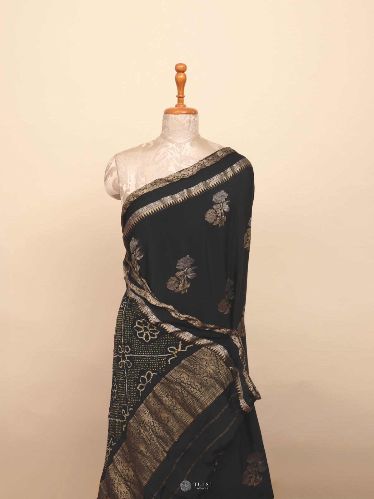 Black Mashru Bandhini Silk Saree