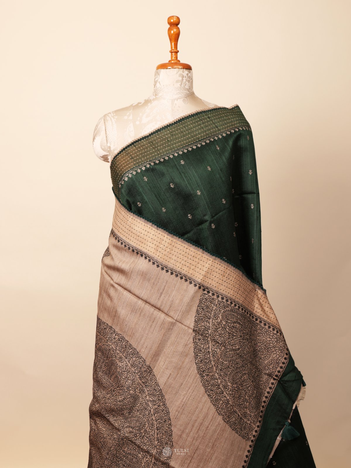 Dark Green Raw Silk Saree With Kantha Embroidery Border