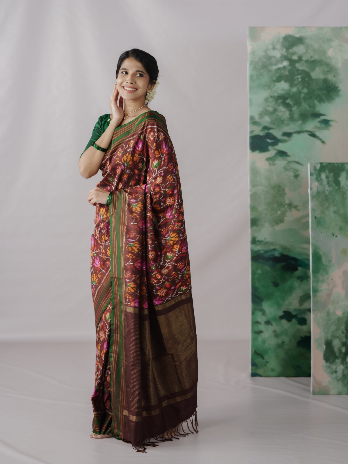 Chocolate Brown Patola Silk Saree with Green Border