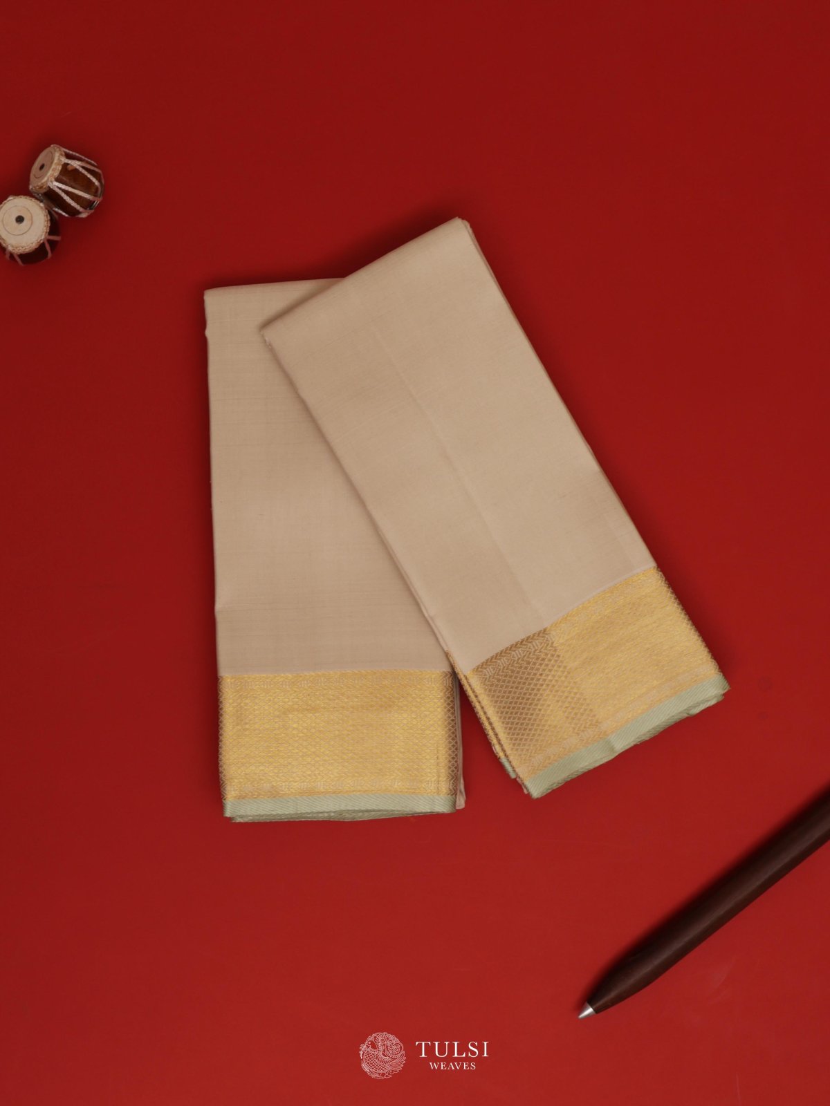 Beige Silk Dhoti And Vasthram With Light Blue Border