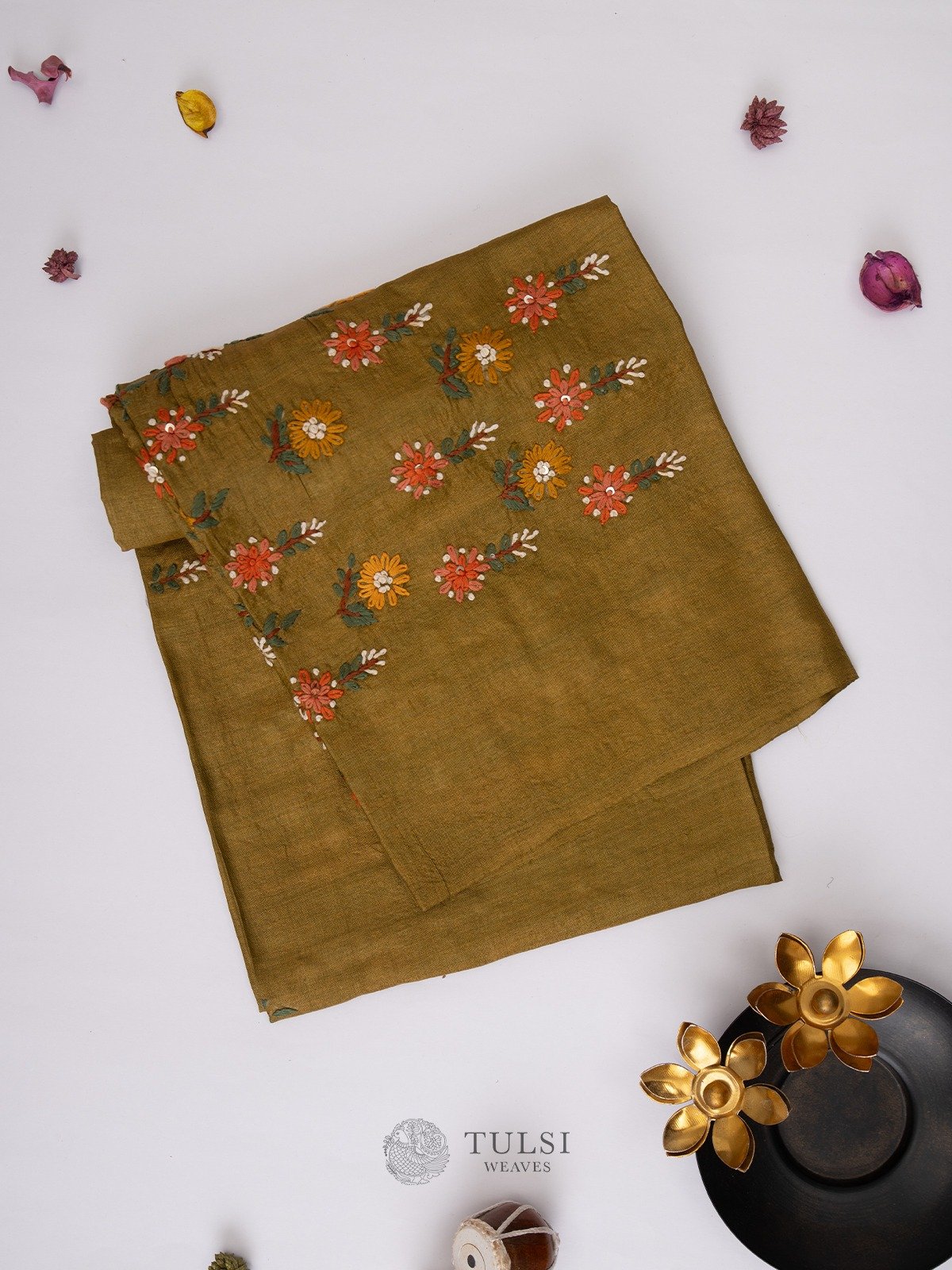 Khaki Green Tussar Silk Blouse with Embroidery