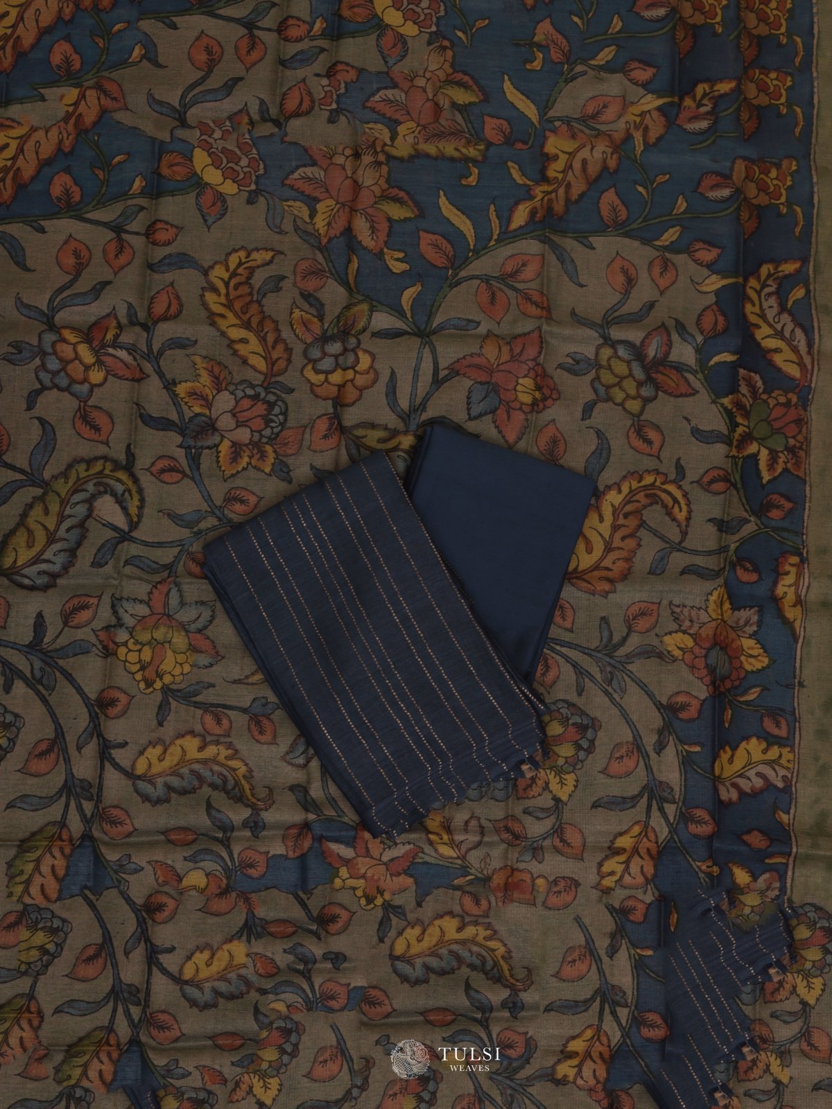 Light Navy Blue Tussar Salwar Material With Kalamkari Dupatta