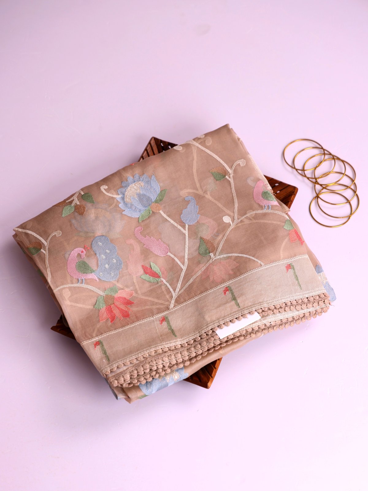Light Brown Organza Saree With Paithani Embroidery