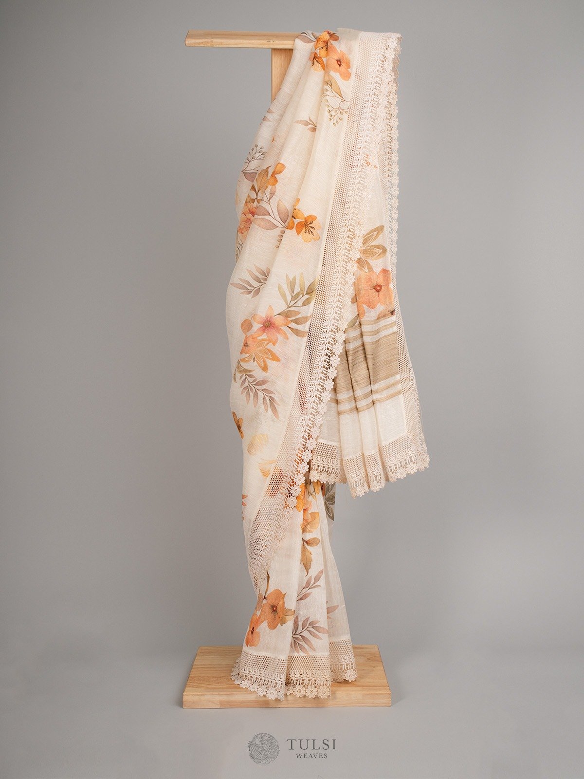 Off-White Linen Silk Saree With Floral prints