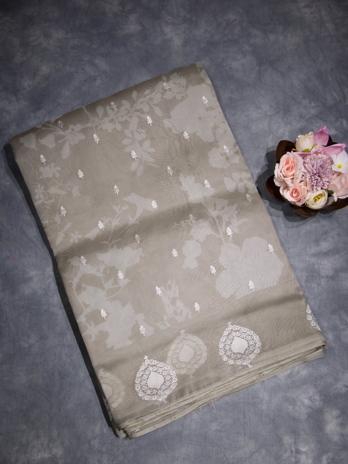 Grey Organza Saree With Floral Embroidery