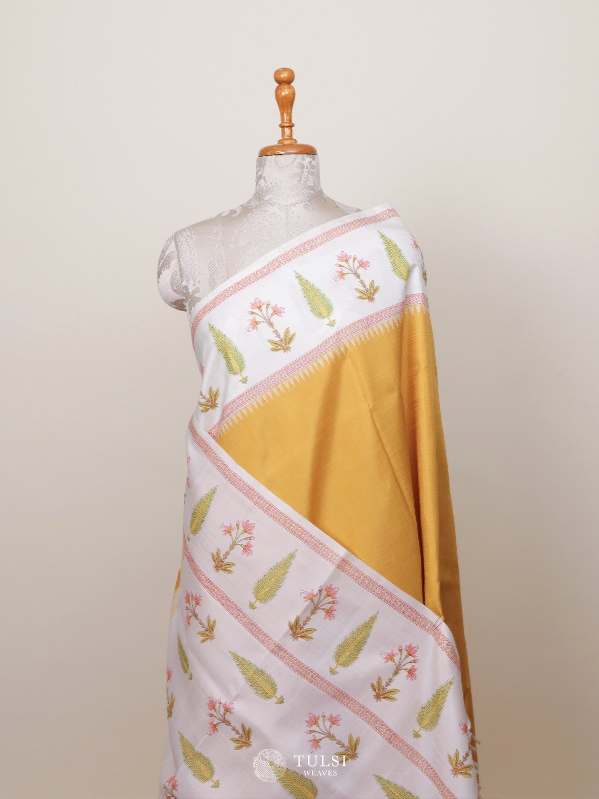 Mustard Blockprint Kanjeevaram Silk Saree With Off-white Border