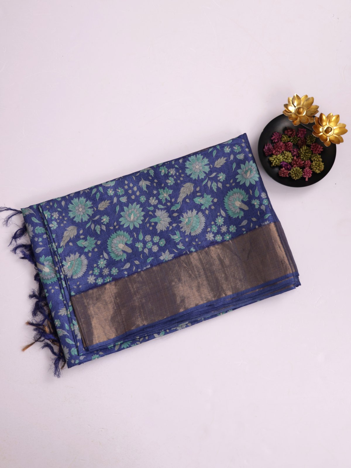 Blue Printed Munga Tussar Silk Saree With Zari Border