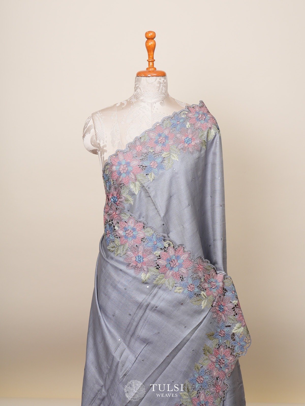 Grey Tussar Silk Saree with Floral Embroidery Border