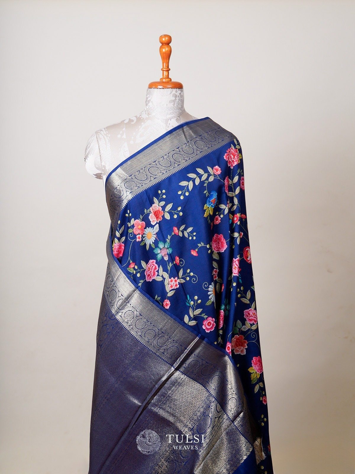 Dark Blue Printed Kanjeevaram Silk Saree with Rettapett Border