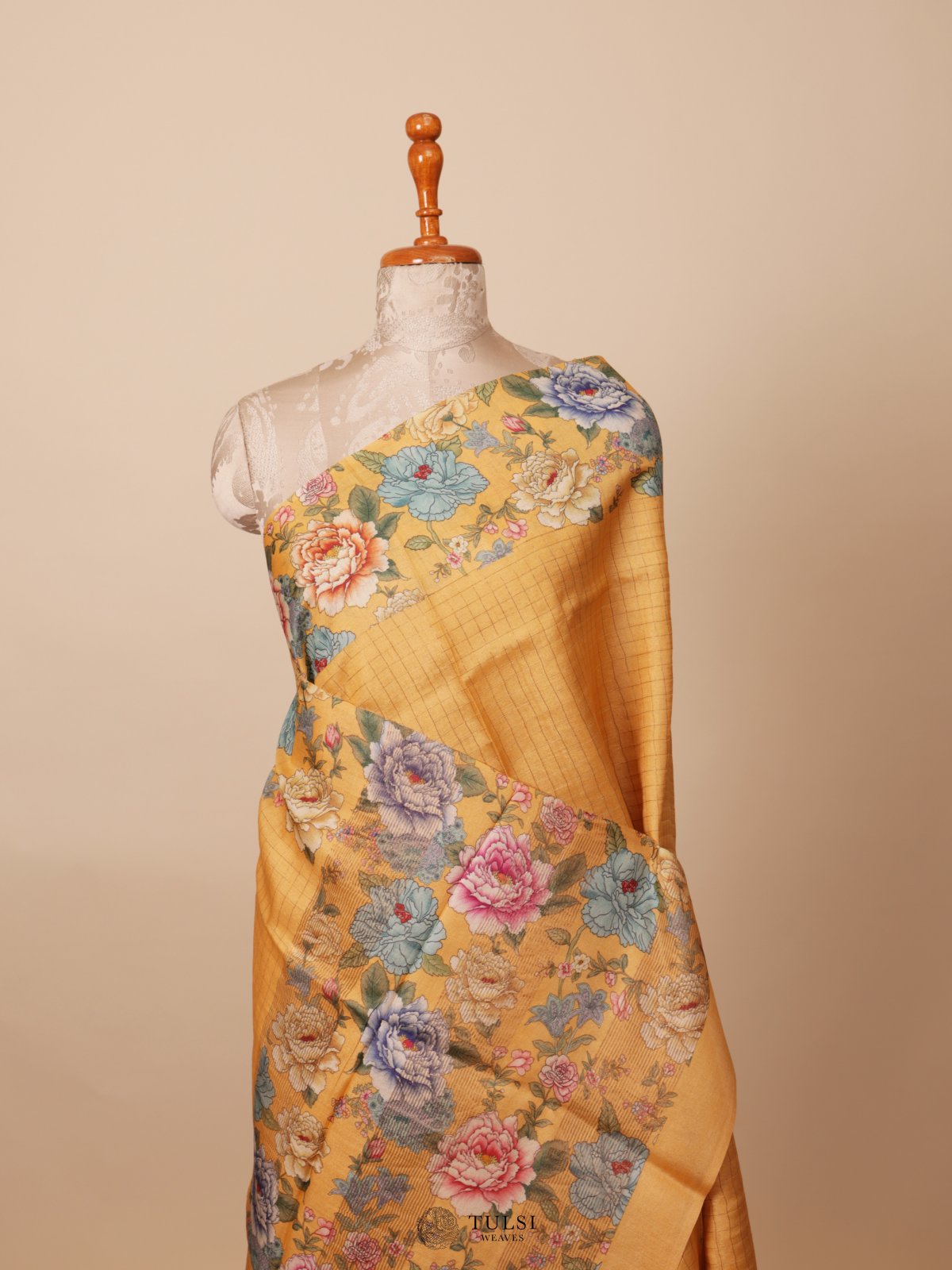 Mustard Yellow Printed Tussar Silk Saree