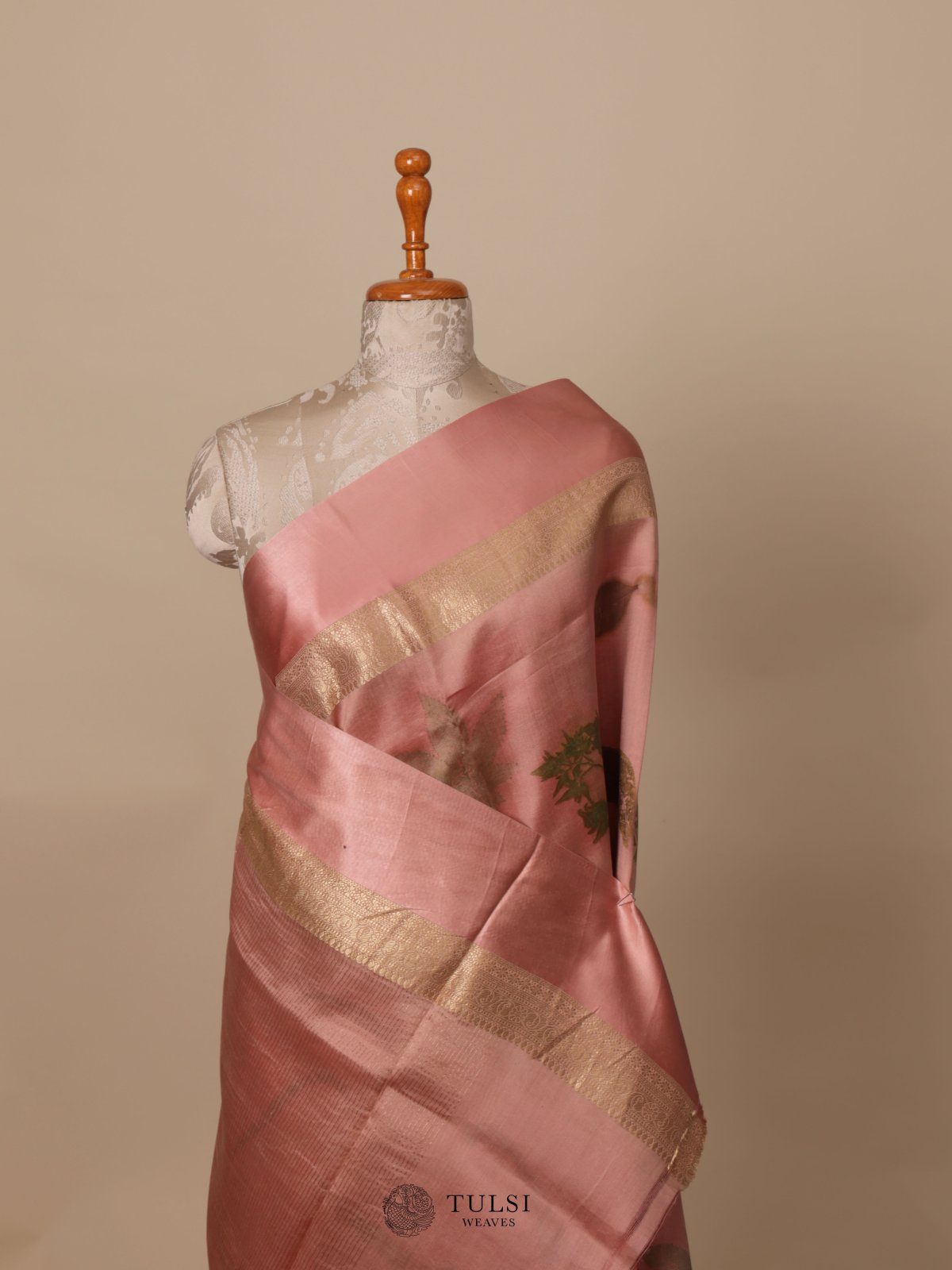 Light Pink Eco Print Silk Saree With Satin Border