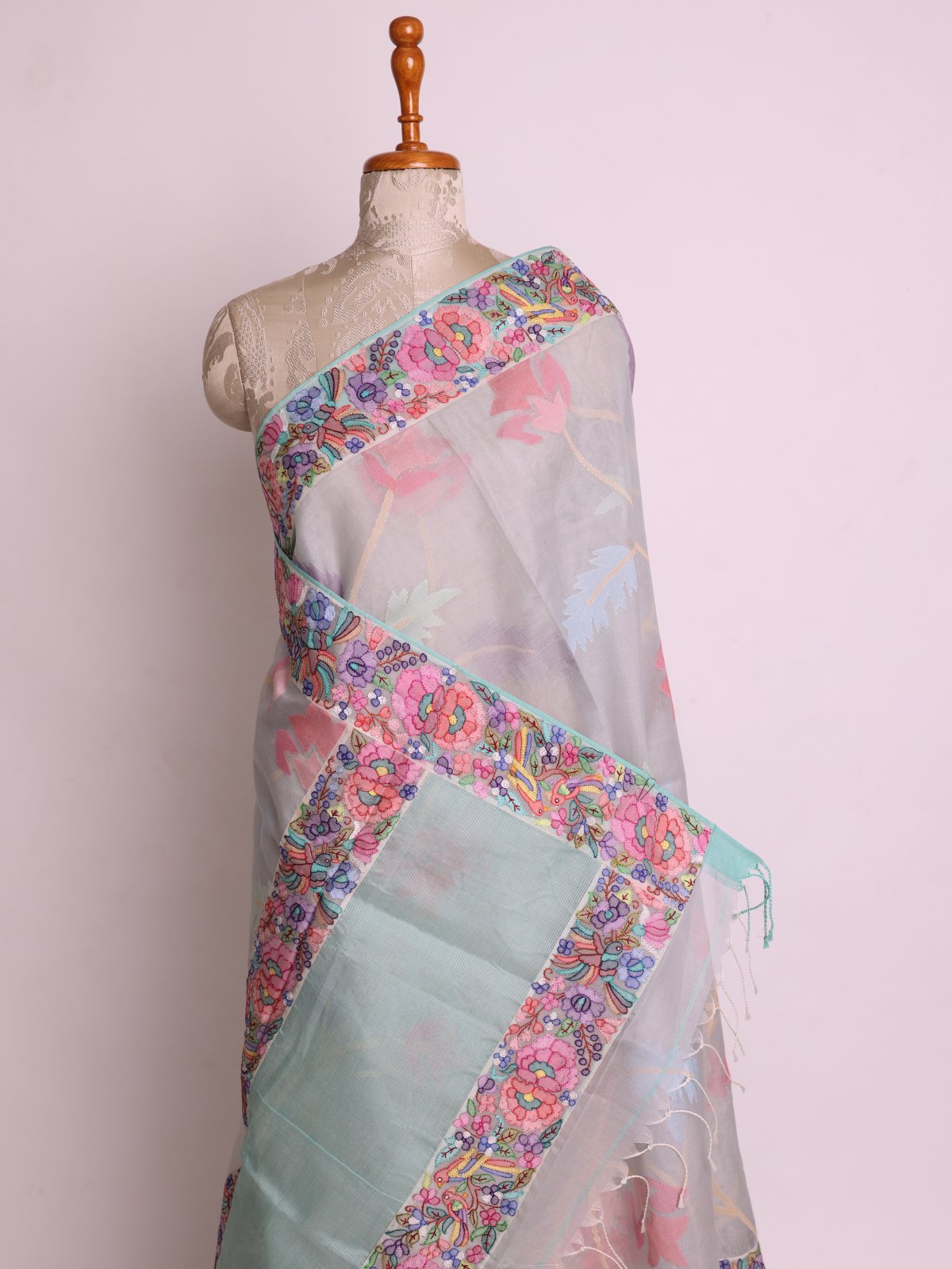 Light Turquoise Green Kora Jamdani Silk Saree With Shadow Embroidered Border