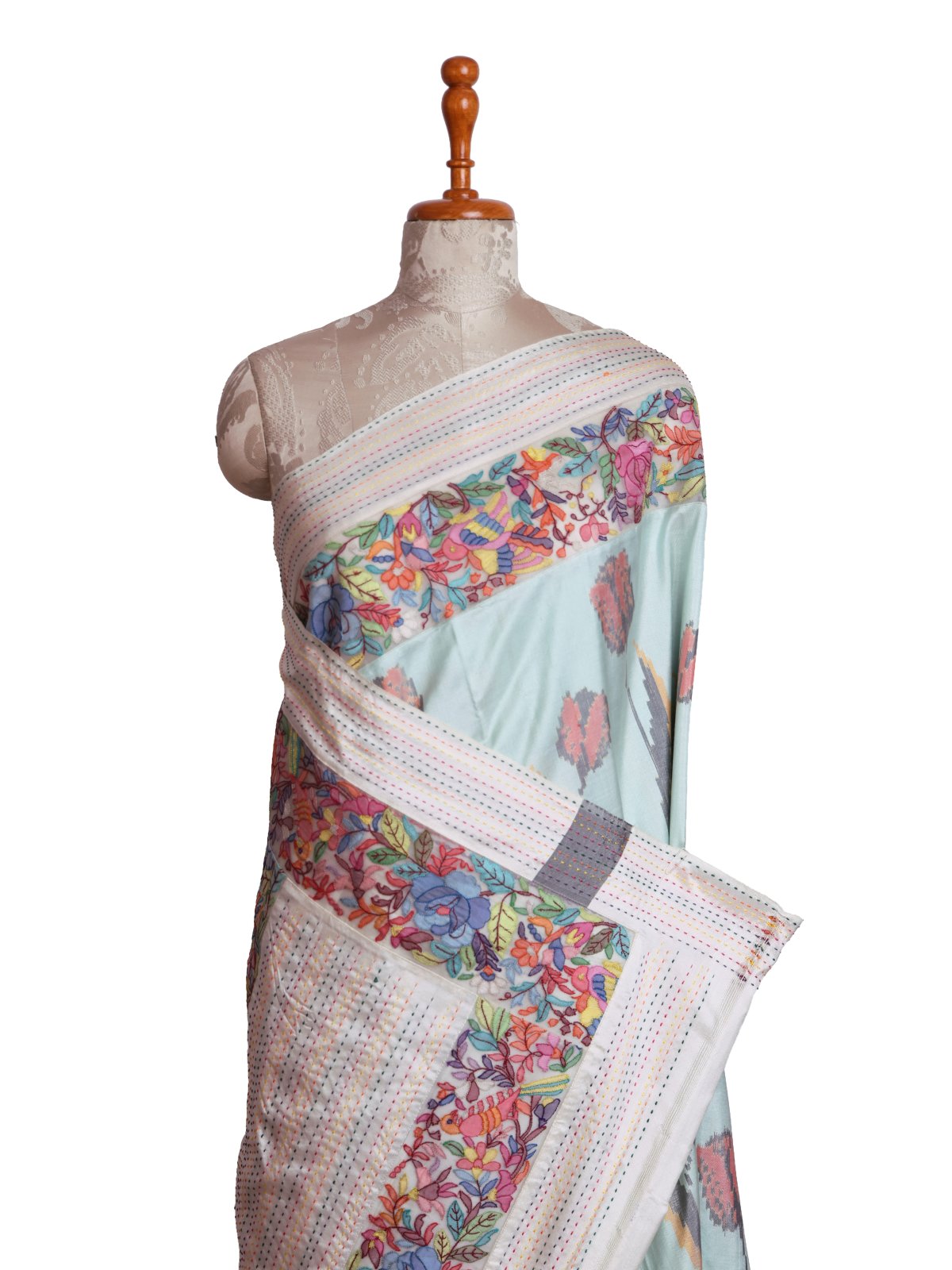 Light Bluish Green Patola Silk Saree with Shadow Embroidered Border