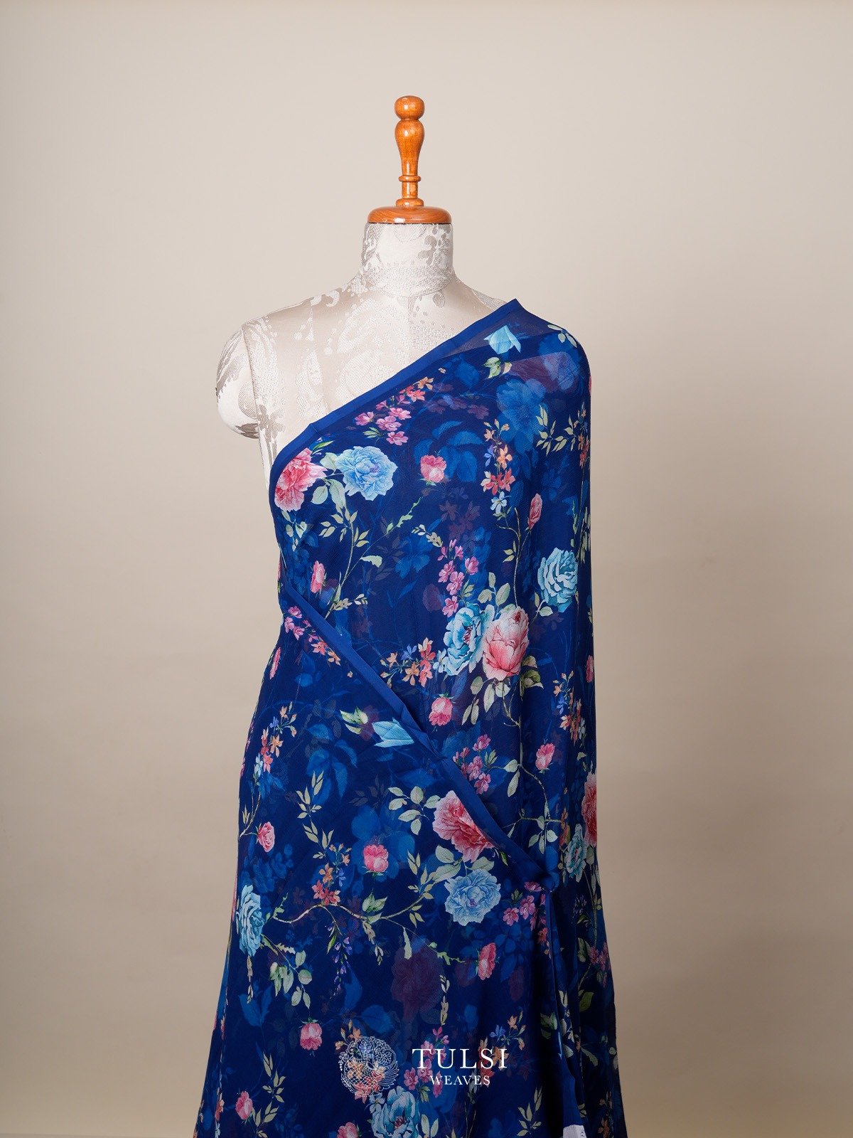 Dark Blue Printed Chiffon Saree 