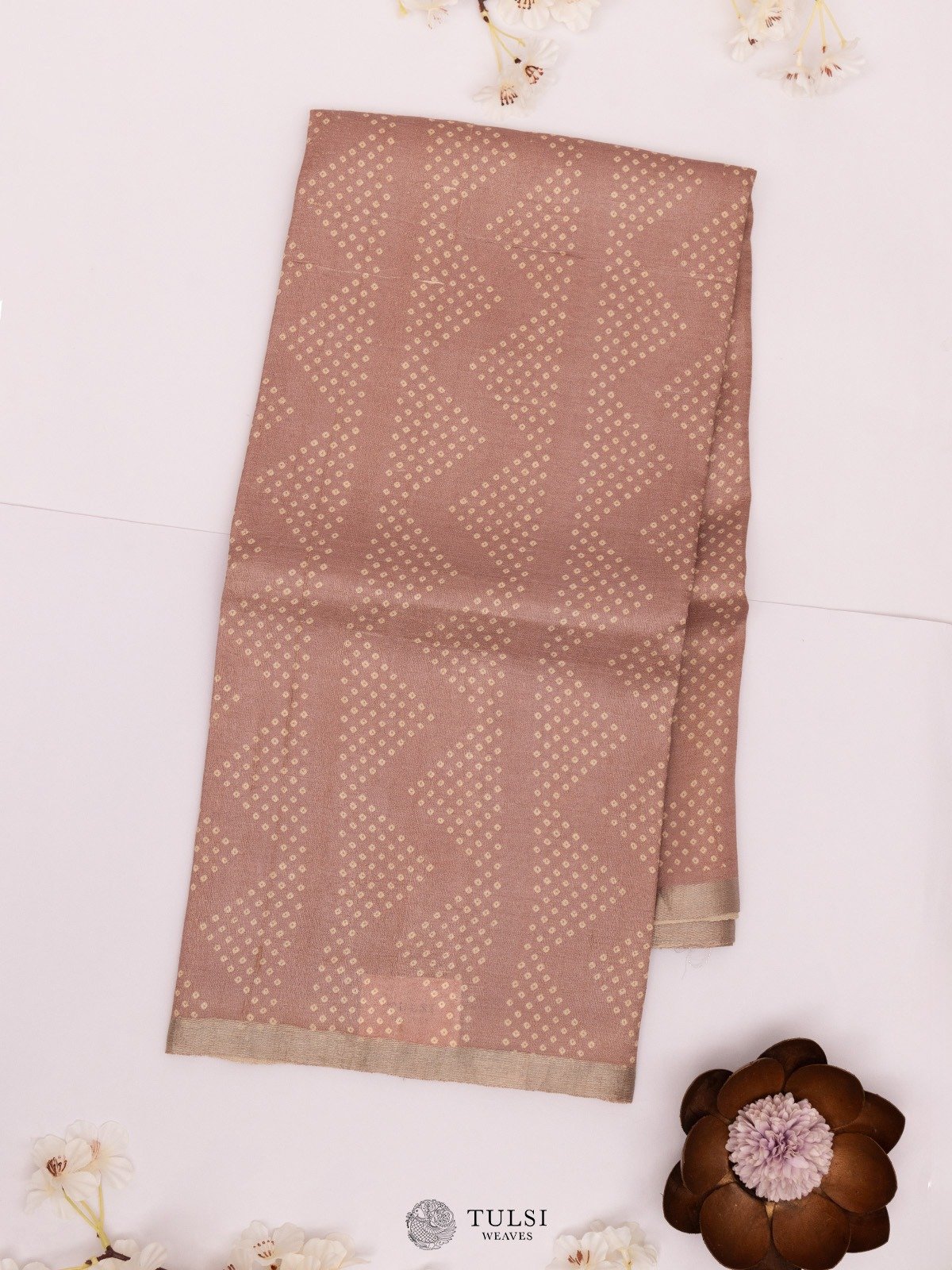 Pinkish Brown Tussar Silk Saree with Bandhini Print