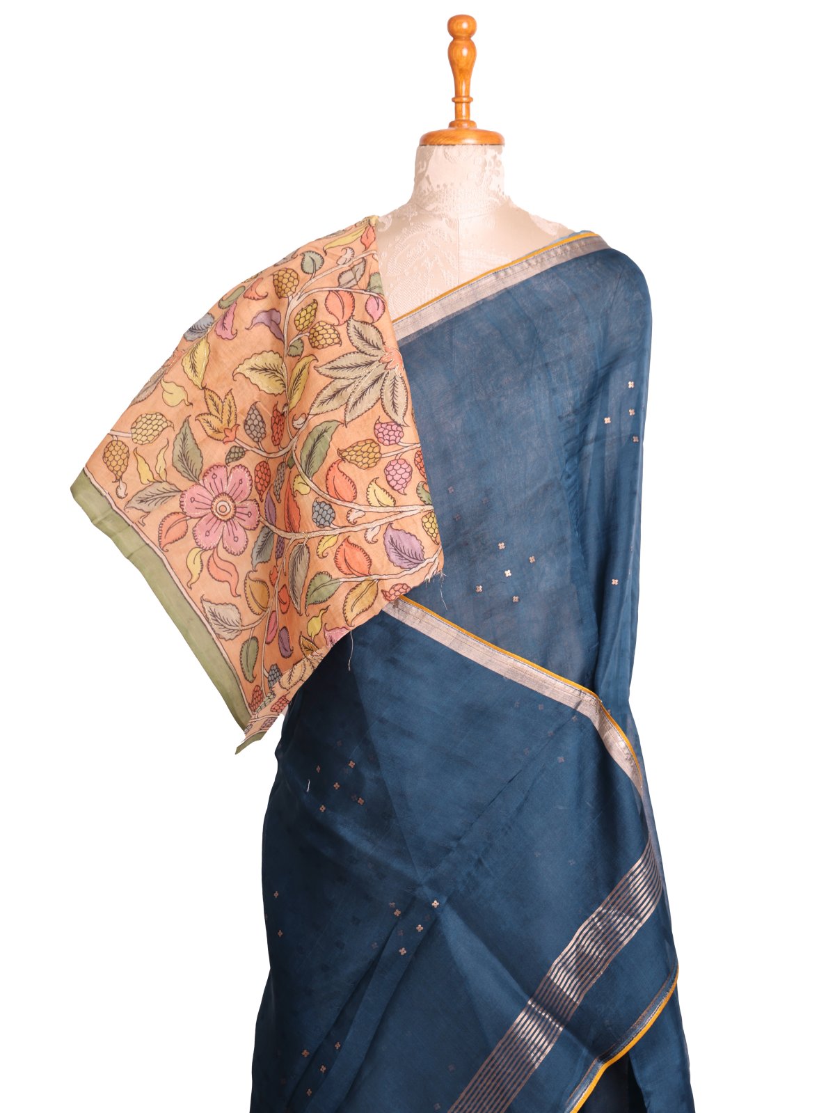 Indigo Blue Organza Silk Saree With Kalamkari Blouse