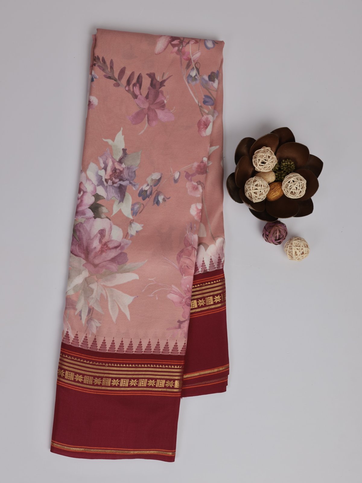 Dusty Peach Floral Printed Kanjeevaram Silk Saree