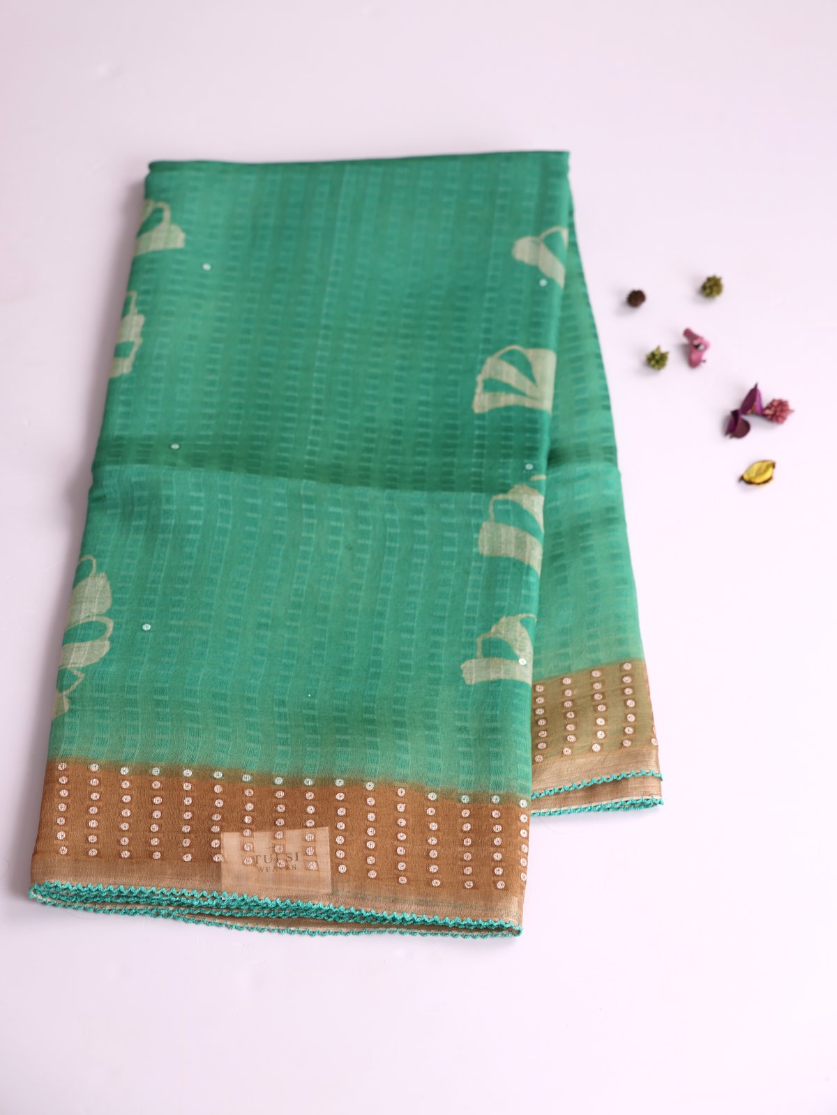 Green Printed Organza Silk Saree With Sequins Border