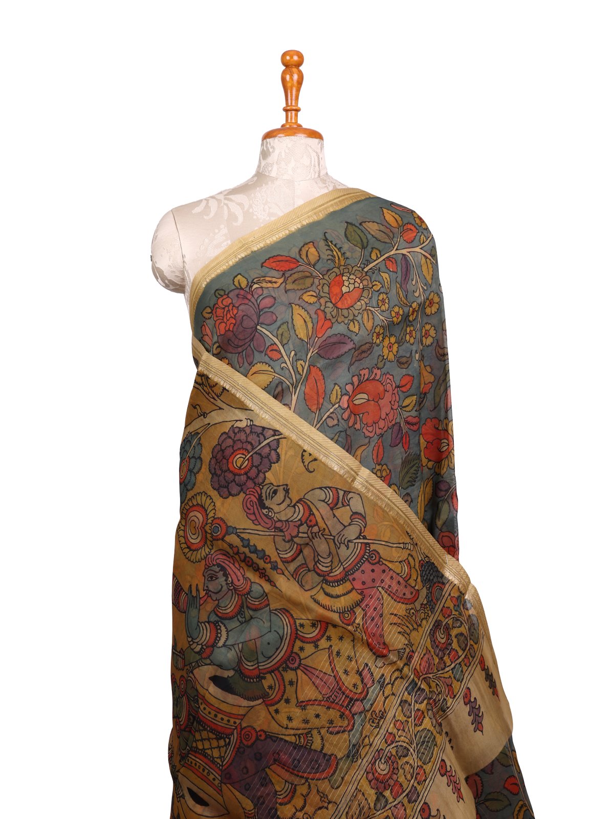 Dusty Greenish Blue Kalamkari Printed Organza Silk Saree