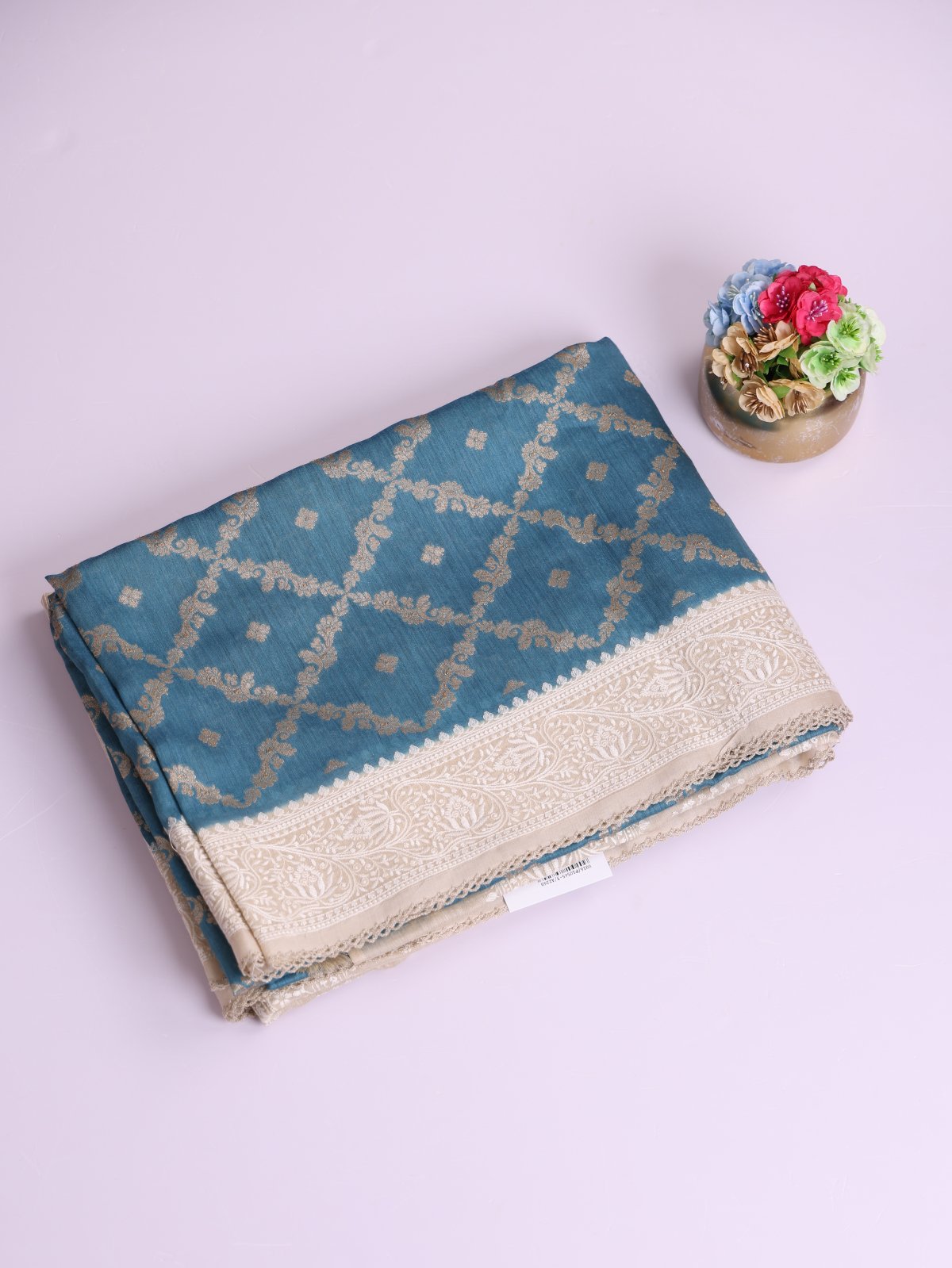 Peacock Blue Munga Tussar Silk Saree With Beige Embroidery Border