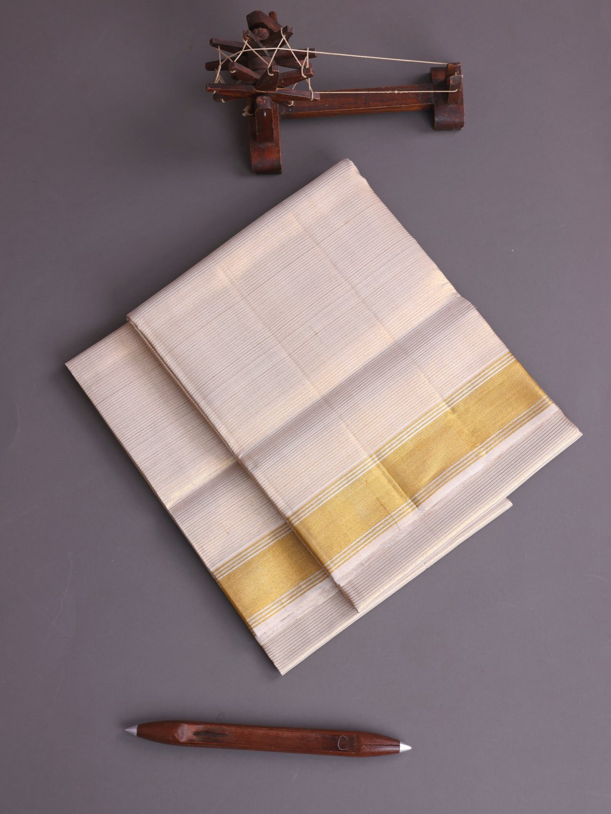 Beige Zari Striped Dhoti And Vasthram With Zari Border