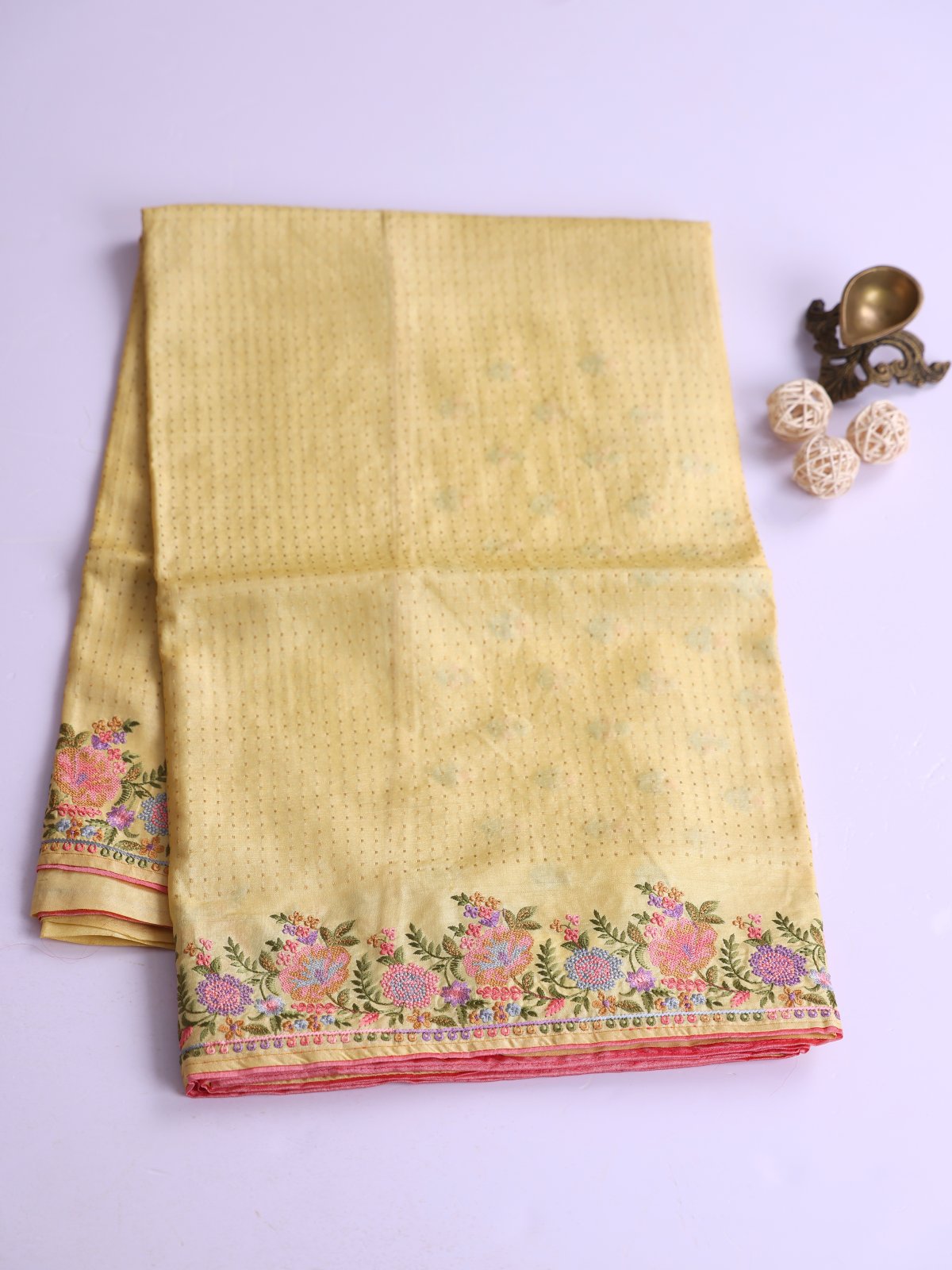 Light Yellow Tussar Silk Saree With Embroidered Border