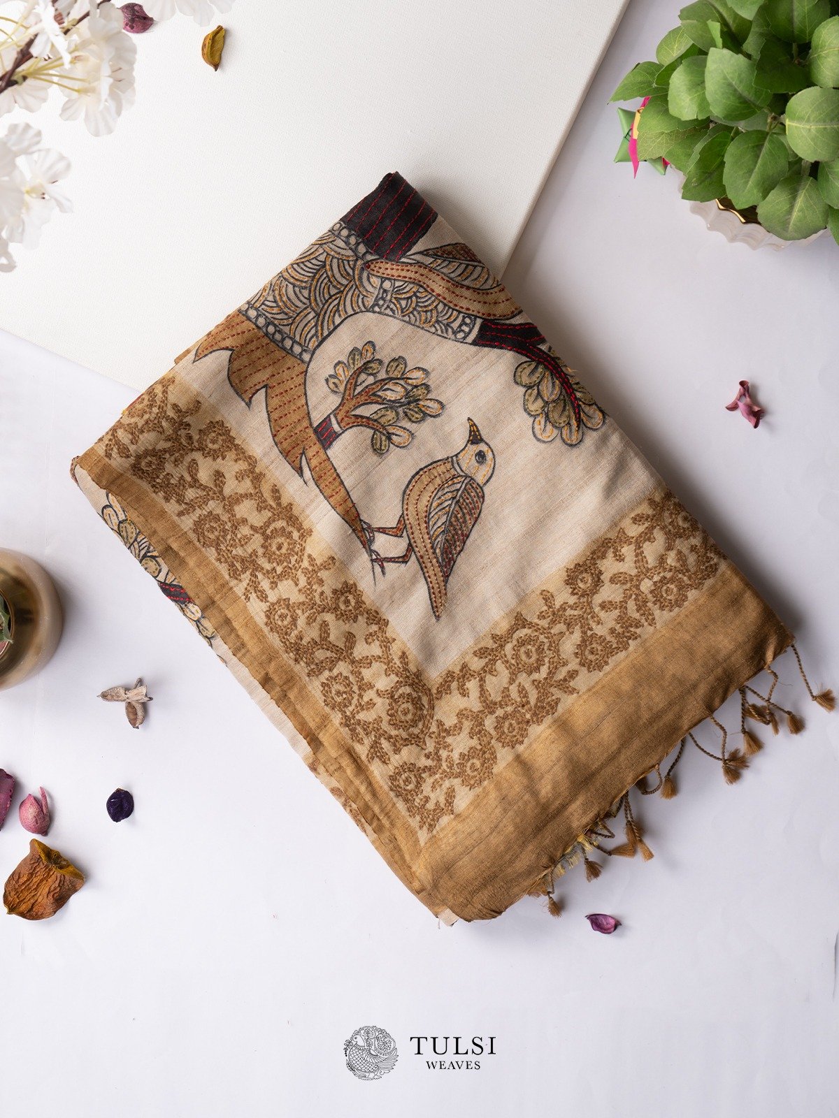 Light Beige Tussar Silk Saree with Kantha Embroidery